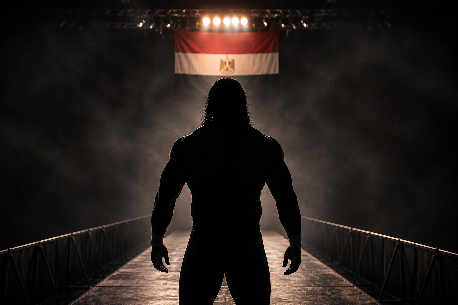Silhouette of a wrestler on the entrance ramp facing a glowing Egyptian flag