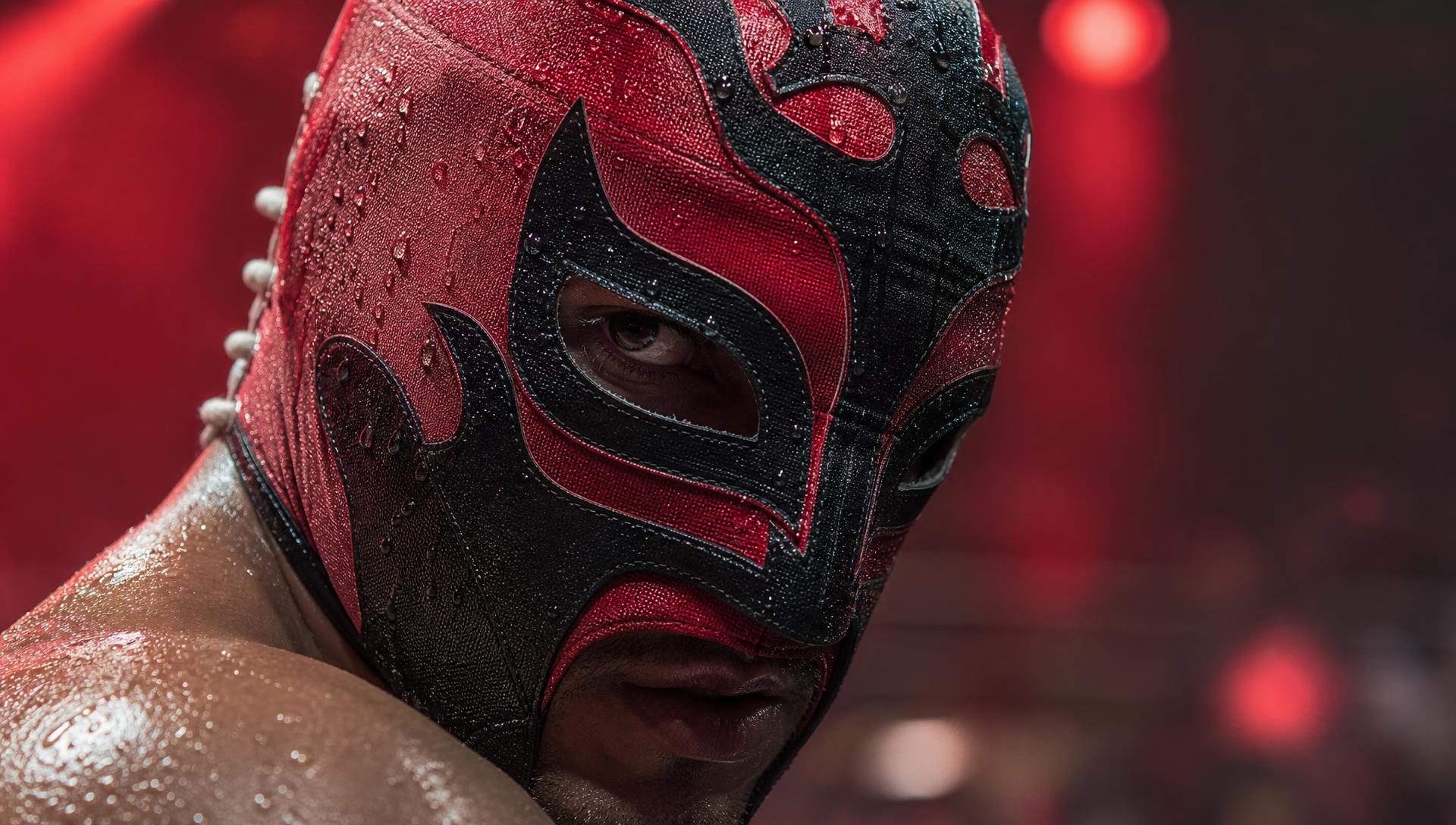 Close-up of a masked wrestler glistening with sweat under red arena lights