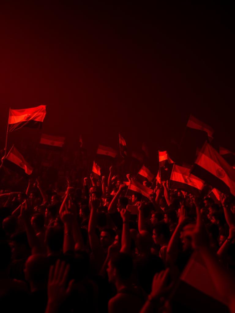 Egyptian fans with raised fists under red floodlights