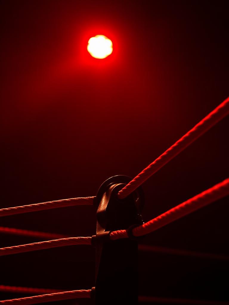 Close-up of wrestling ring ropes under a red spotlight
