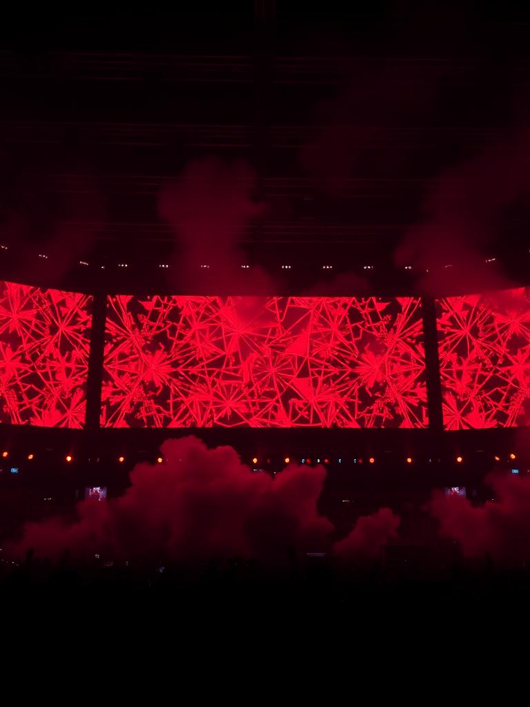 Giant arena LED wall glowing red through smoke